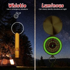 Waterproof Metal Hiking Compass with Luminous Night Reading & Survival Whistle