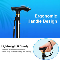 Black Folding Cane 5Level Adjustable Height Portable Walking Stick Wrist Strap