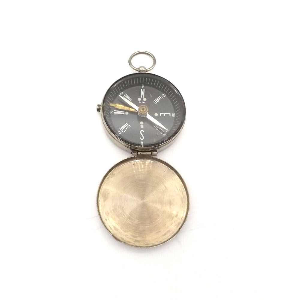 VTG Japanese Compass Pocket Watch Style Black Dial Silver Tone Metal Japan 1