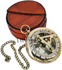 Beautiful Brass Sundial Compass/Brown Leather Case & Chain | Push Open Compass