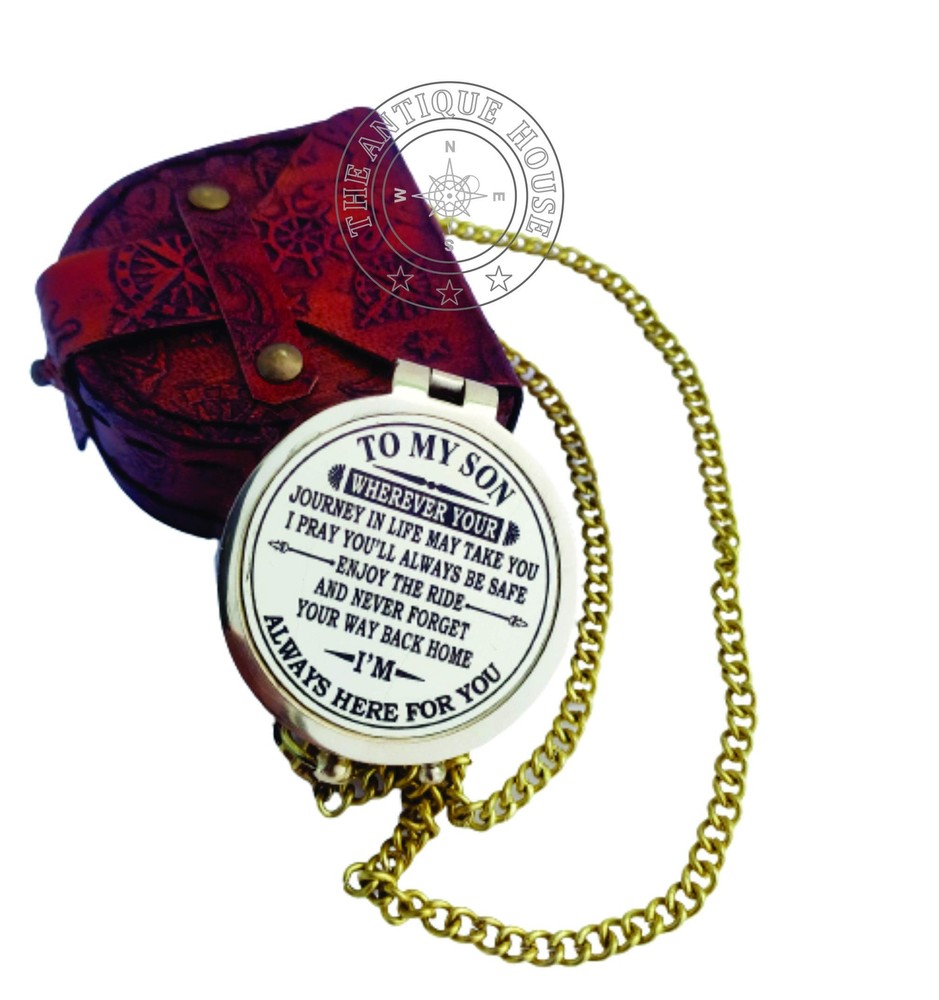 Shiny Brass Compass With Leather Case Gift To My Son Nautical Gift For Son From