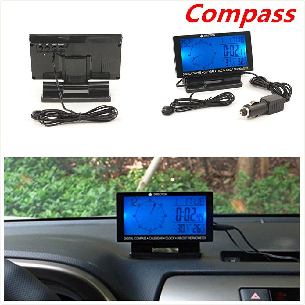 In-Car Digital Compass 4.6″ LCD Display Blue LED with Clock Thermometer Calendar