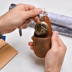 Handmade Antique Brass London Push-Button Compass with Leather Case