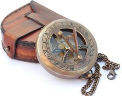 Brass Sundial Compass with Leather Case and Chain – Push Open Compass