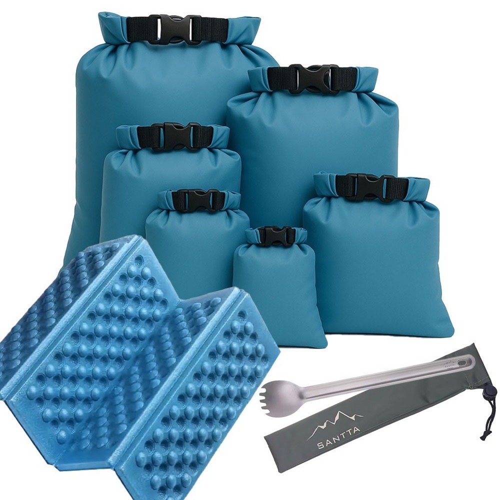 Outdoor Essential Bundle – 6 Piece Dry Bag Set + Titanium Spork + Foam Seat Pad