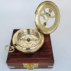 Vintage Steampunk Brass Compass Maritime With Chain With Anchor Wooden Case