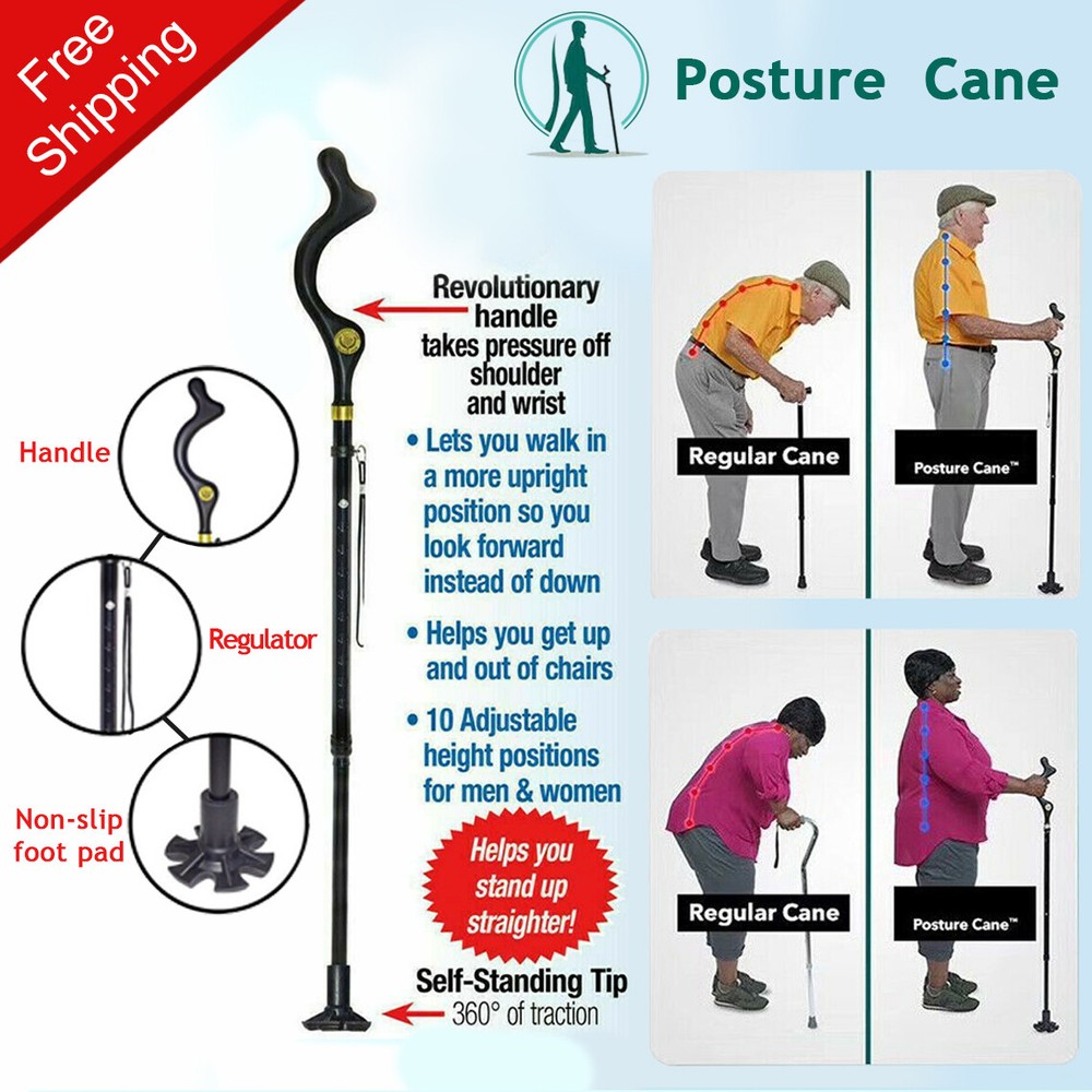 Posture Walking Cane for Men and Women with Adjustable Heights Folding 10 Level