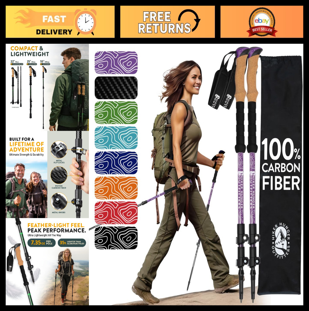 Lightweight Carbon Fiber Trekking Poles – Collapsible Hiking Sticks with Cork Gr