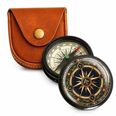 Personalized brass pocket compass, leather case, antique nautical gift engraved