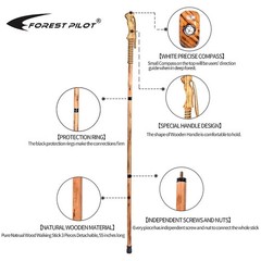 3-Pc Detachable Hardwood Walking Stick Pine Handle with Compass (Nature Color, 5