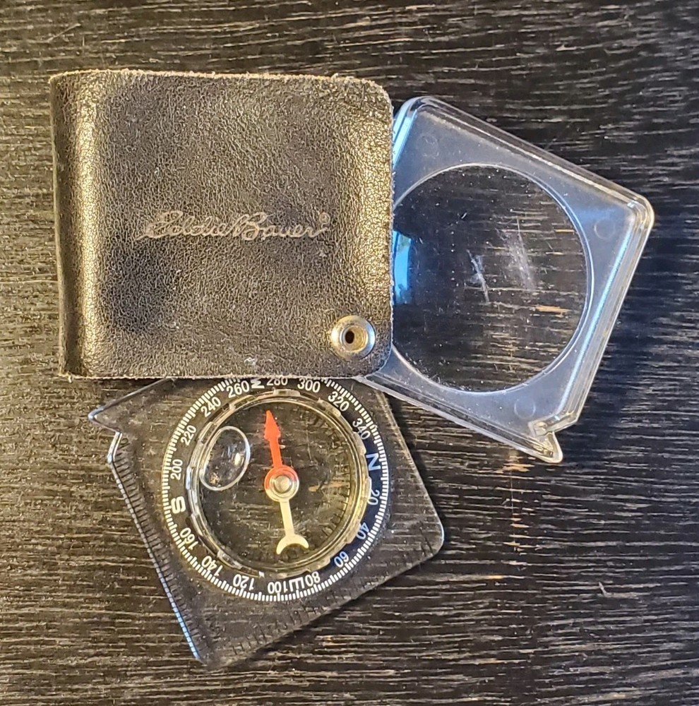 Eddie Bauer Compact Map Compass & Magnifier 2 x 2″ Leather Sheath Hiking Camping