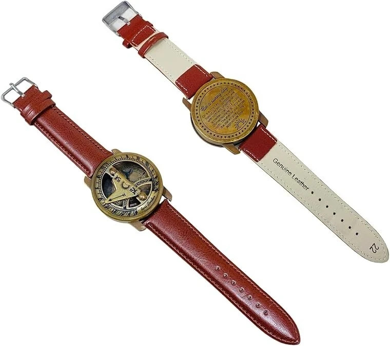 Brass Sundial Compass Design Wrist Watch Leather Band Vintage Nautical Men Gift