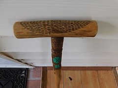 Vintage Wooden Wood Walking Stick with Aqua / Turquoise Blue Ribbon Feathered ?