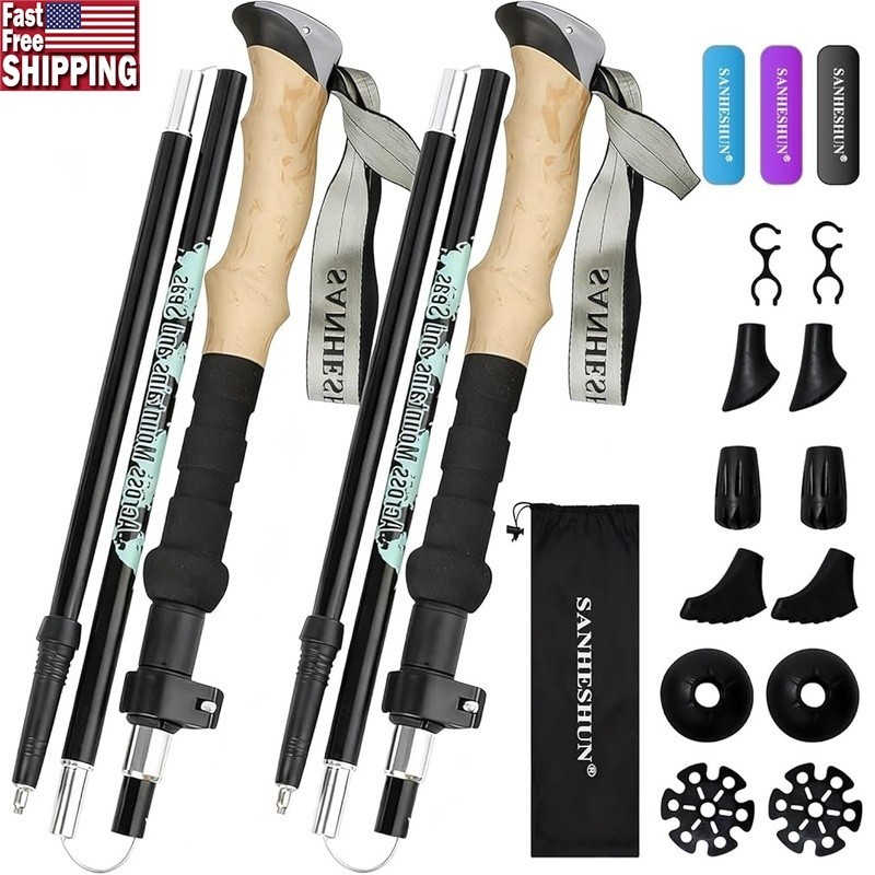 Lightweight Aluminum Trekking Poles Folding Hiking Gear Interchangeable Tips New