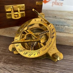 Small 2.5″ Brass Sundial Desk Compass w/ Wooden Box – Old Vintage Antique Style