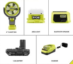 Ryobi 18V Compact Camper’s Kit – Cordless Light, Speaker, Fan, Battery, Charger