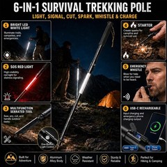 LED Trekking Pole USB-C Rechargeable with White Red Light 6-in-1 Tool