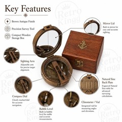 Brown Antique Brunton Compass in Wooden Box | Survey & Navigation Tool Gift Set
