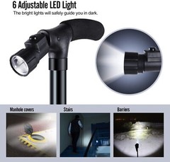 Folding LED Walking Stick Cane All-Terrain Pivoting Base Adjustable Black