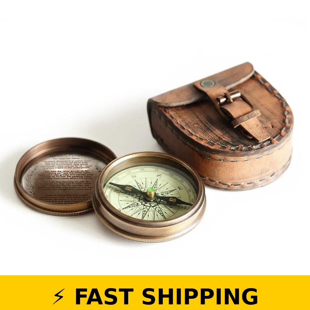 Wind & Weather Antiqued Brass Poem Compass with Leather Case