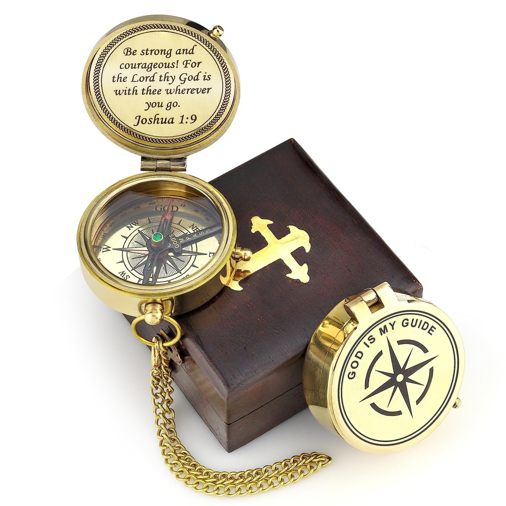 Polished Brass Compass Gift with Display Box – Engraved Scripture Prayer Comp…
