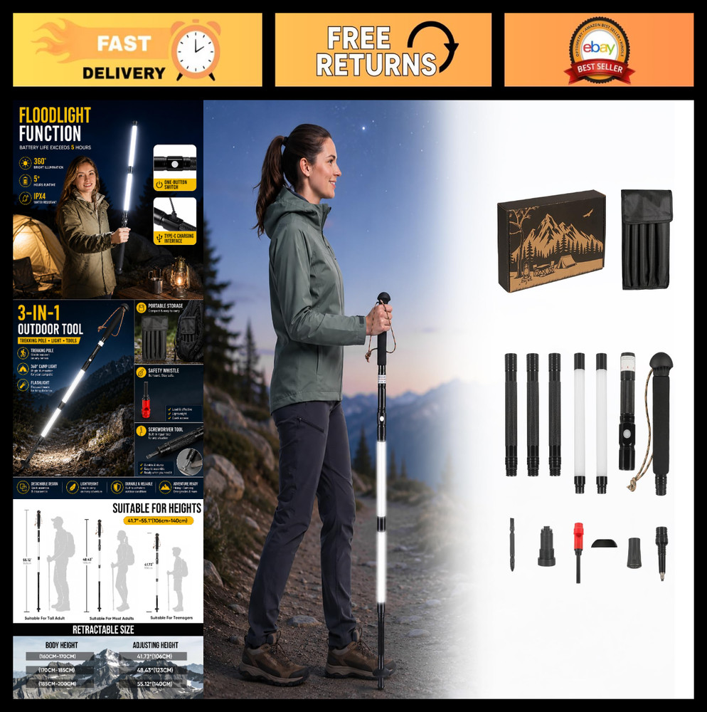 LED Smart Trekking Pole – Adjustable Height Hiking Stick with Multi-Tools for Ca