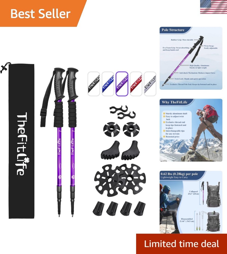 Comfortable Anti-Shock Trekking Poles – Lightweight Collapsible, Purple 2 Pack