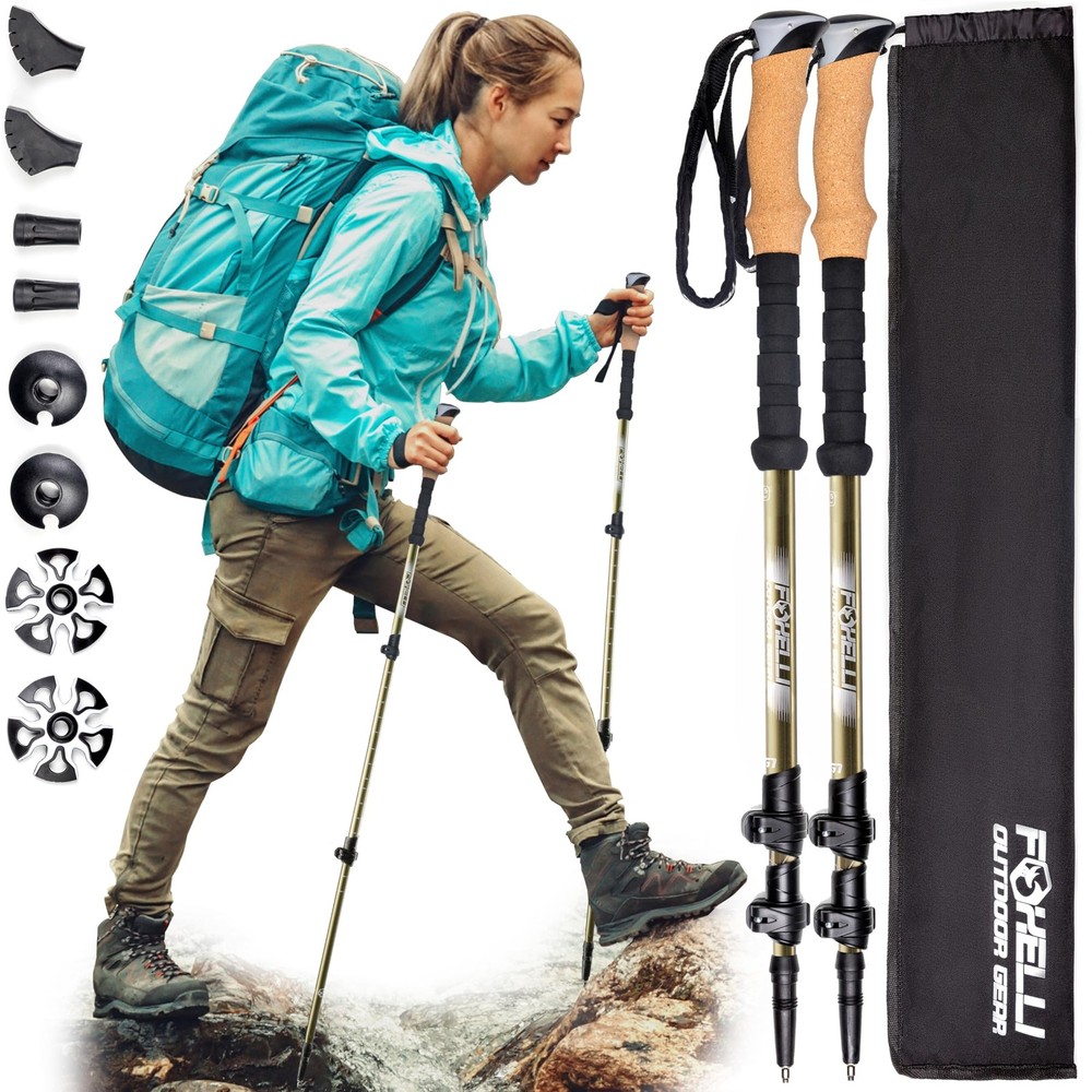 Foxelli Carbon Fiber Trekking Poles – Lightweight Collapsible Hiking Khaki