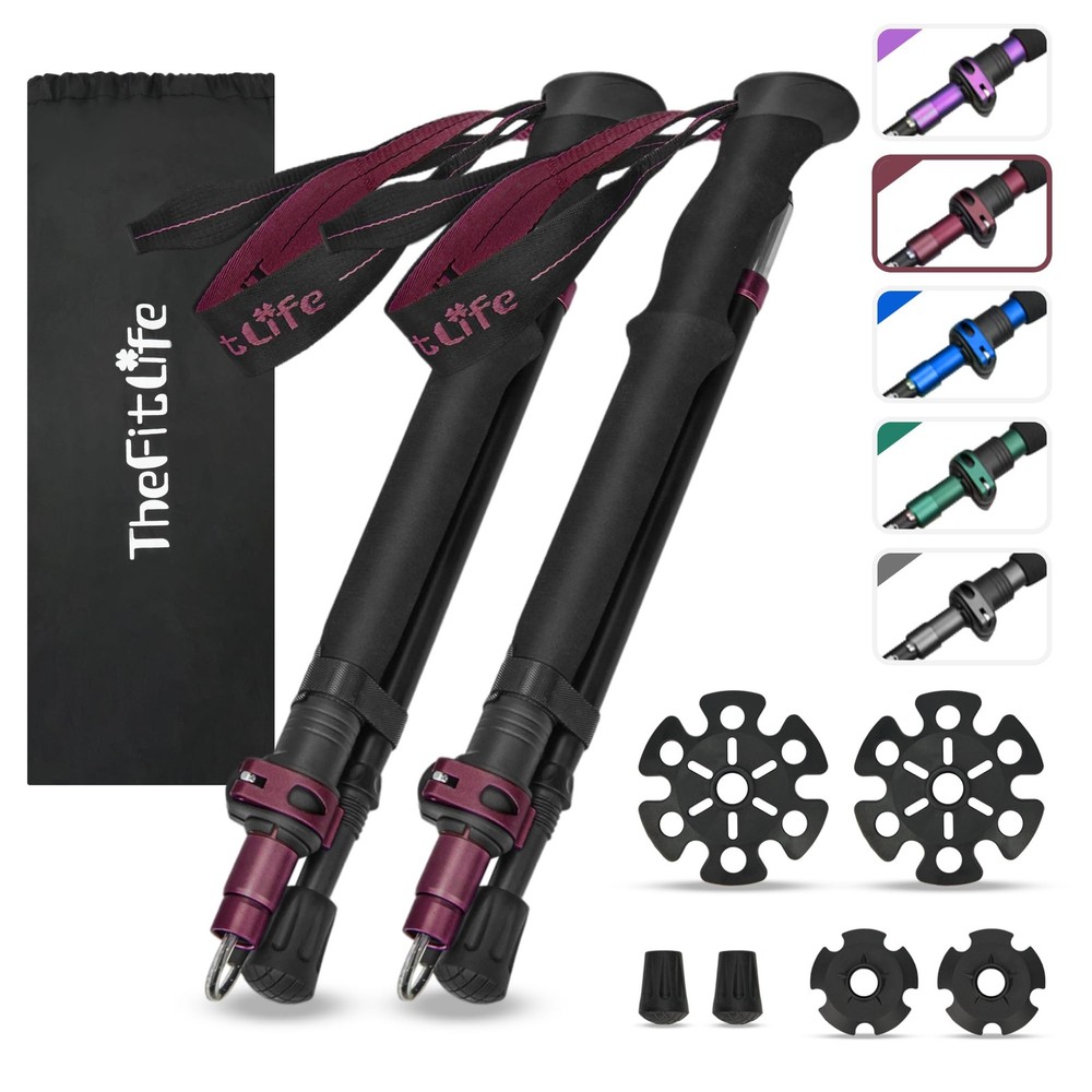 TheFitLife Collapsible Trekking Poles 100-120cm for Users 5’7″ or under, Red