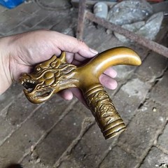 Solid Brass Chinese Dragon Head Statue Walking Stick Cane Handle Top Topper