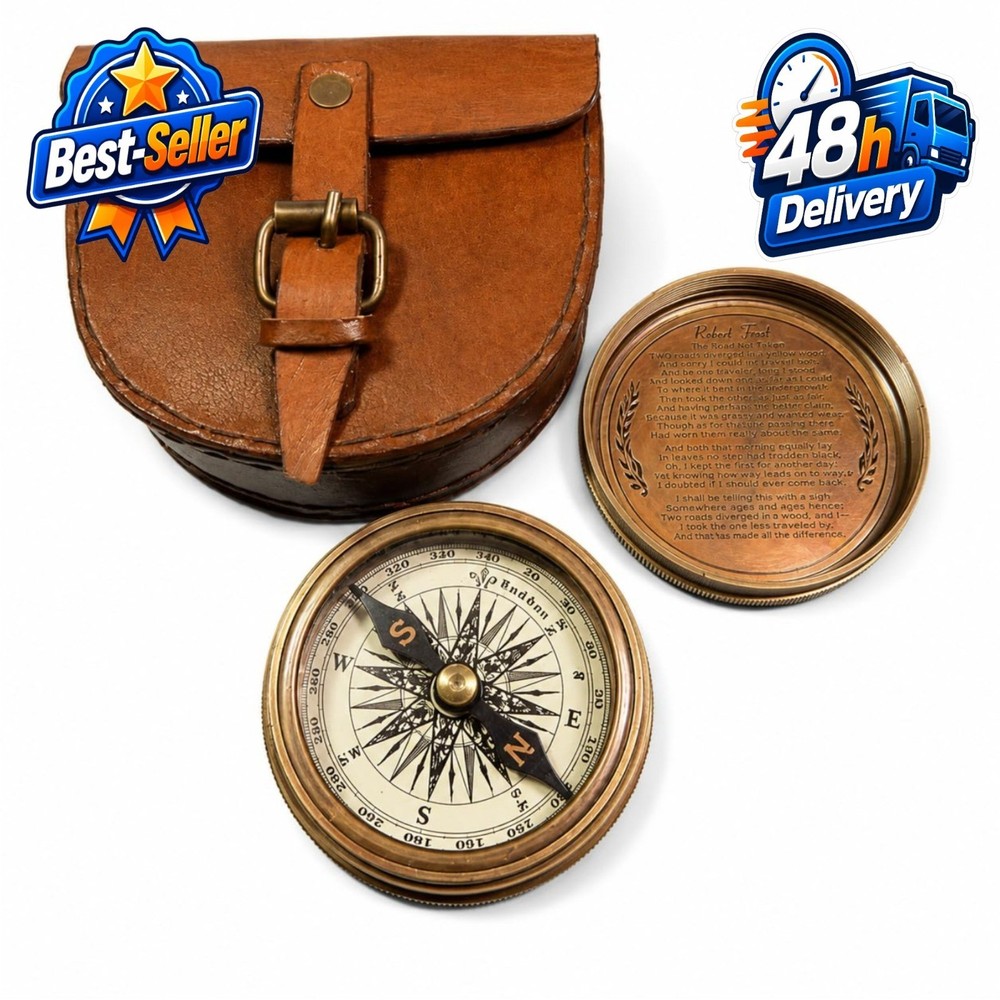 Vintage Brass Pocket Compass with Leather Case – Rustic Home Decor