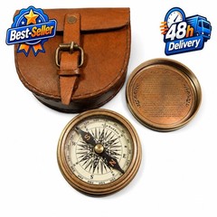 Vintage Brass Pocket Compass with Leather Case – Rustic Home Decor