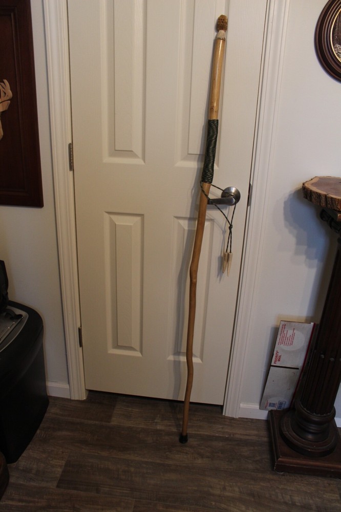 Custom Made Red Oak Walking Hiking Stick with Antler Morel Mushroom Carving