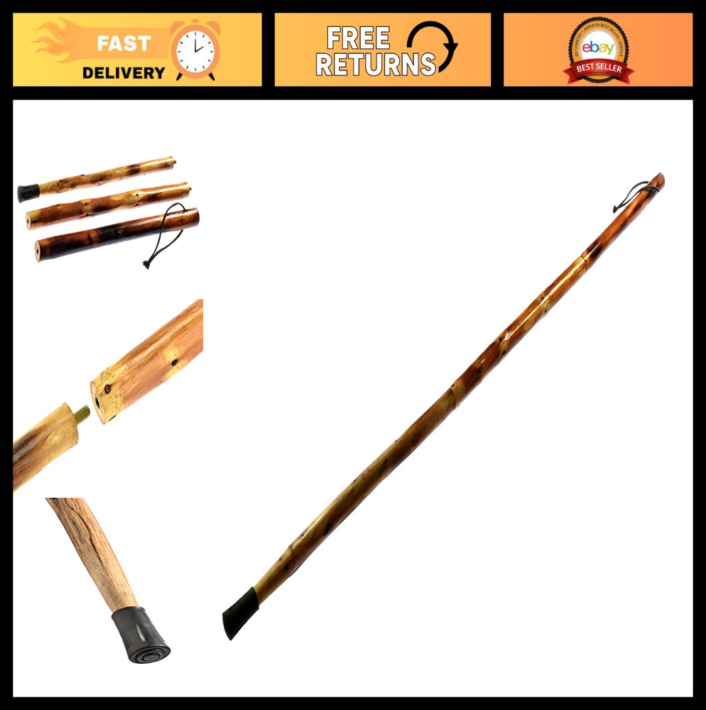 55″ Detachable Pine Wood Hiking Stick Set – Metal Tip, Rubber Tip & Pouch – Dura