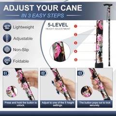 Folding Cane, 5-Level Adjustable Height Walking Stick Lightweight Black Floral