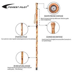 Big Ball Head Twisted Style Wooden Walking Stick for Hiking with Compass (Nat…