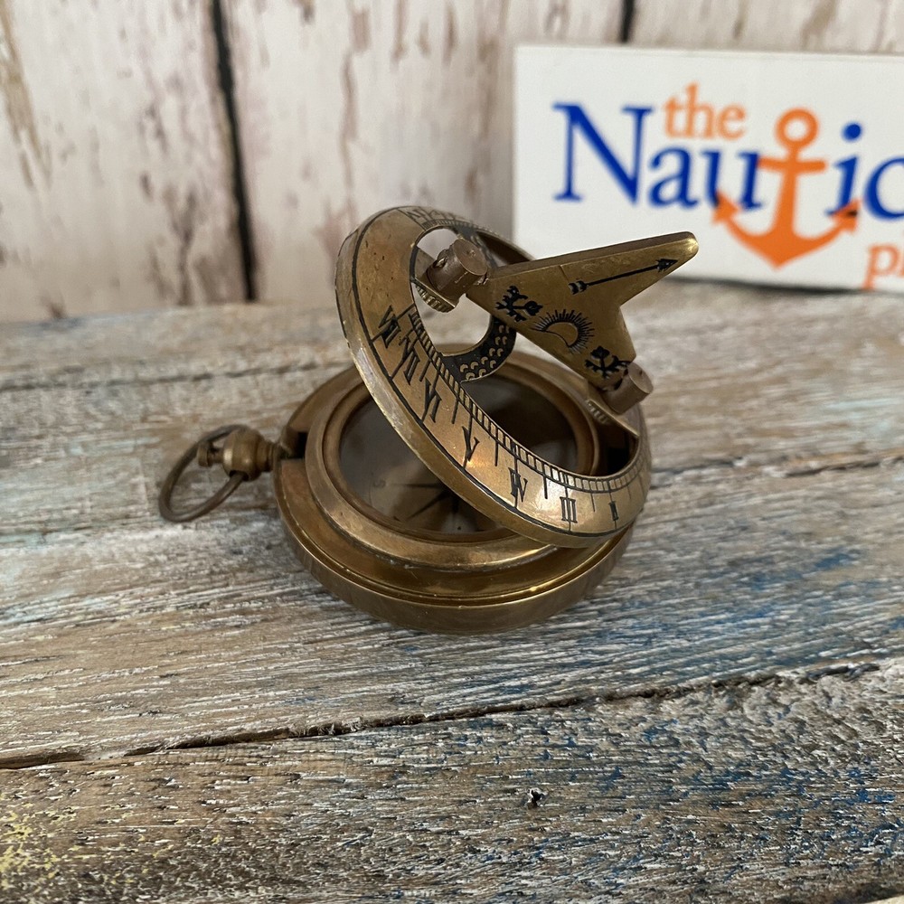 Antique Finish Brass Sundial Compass – Small Pocket Style – Nautical Steampunk
