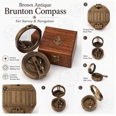 Brown Antique Brunton Compass in Wooden Box | Survey & Navigation Tool Gift Set
