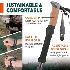 TREKOLOGY Trek-Z Cork Grip Trekking Poles – 130 cm, Black with Blue