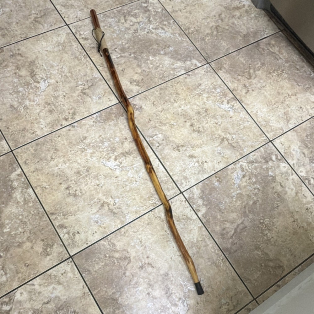 Wood Walking Stick Brown Hiking with Wrist Strap and Rubber Tip
