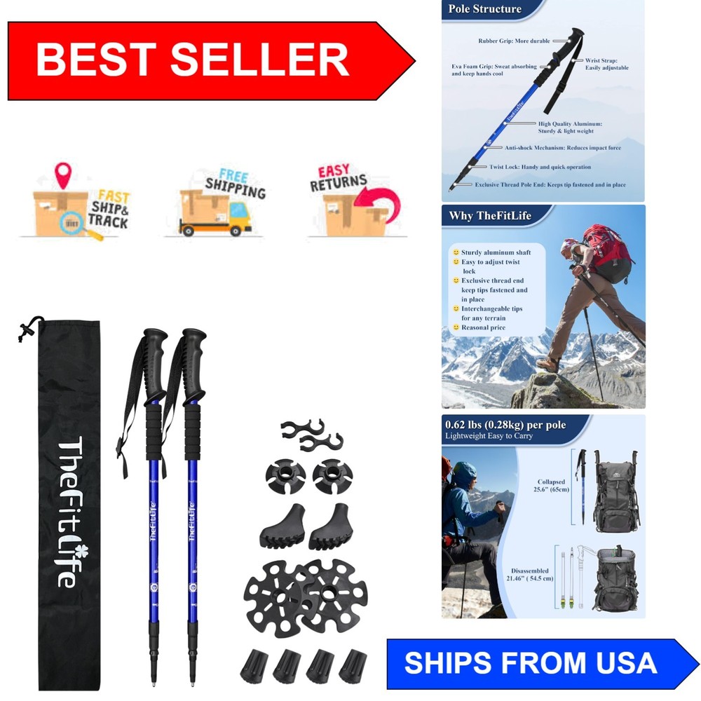 Durable All-Terrain Walking Poles with Complete Accessory Kit, Lightweight Blue