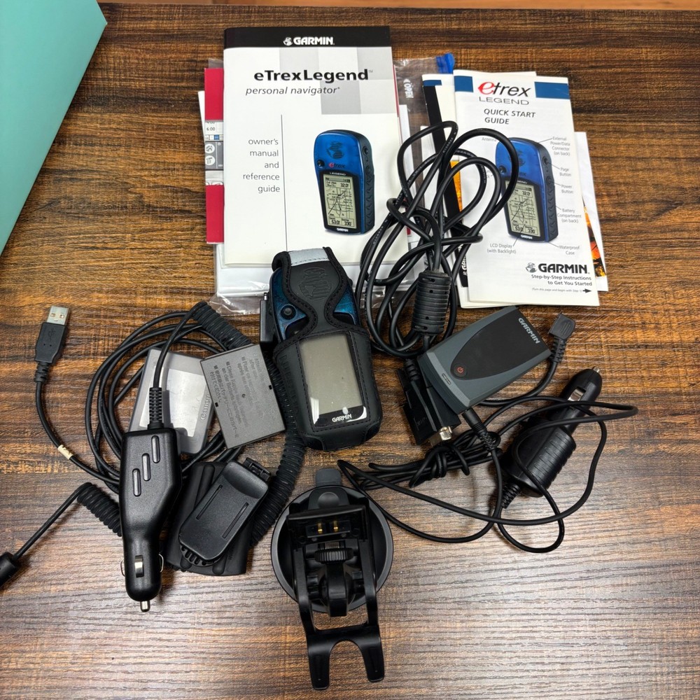 Garmin eTrex Legend Handheld GPS Navigator Bundle Blue Case Mount Cables Manual