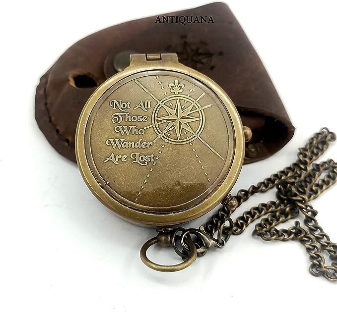Brass Compass Unique Print Engraved Compass with Leather Case and Chain