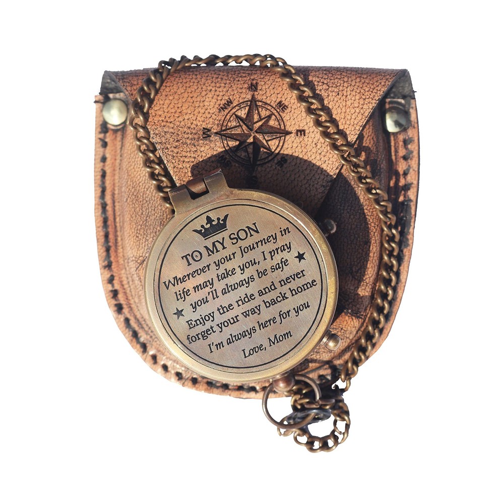 Brass Engrved Compass for Men, Pocket with Leather Case, Mom to Son