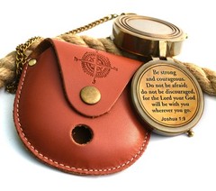 Be Strong and Courageous Brass Compass with Wooden Box Engraved Gift