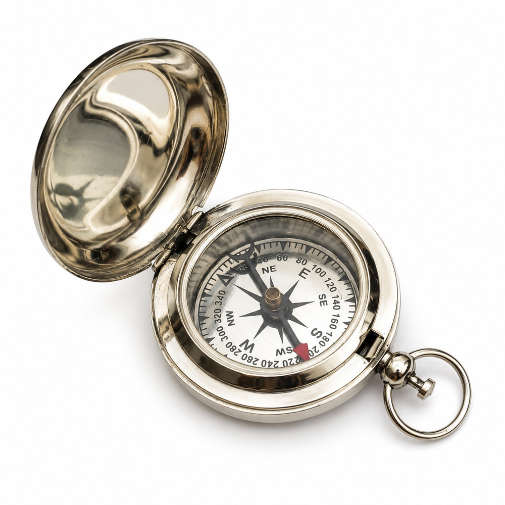 Personalized Pocket Compass with Hinged Cover and Key Ring