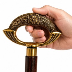 RNM Hand-Carved Hardwood Walking Cane, Brass Handle, Spiral Shaft, Vintage Style