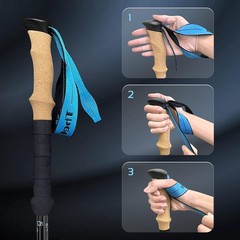 Foldable telescopic trekking poles with cork handles and extended EVA grips.