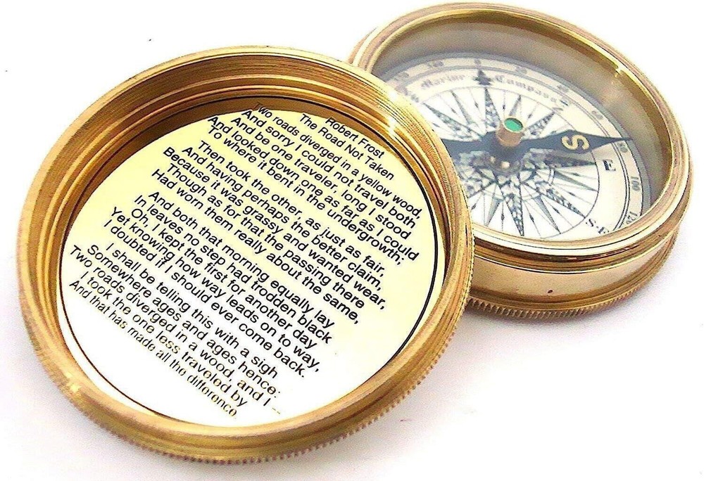 Solid Brass Pocket Watch Type Compass Antique Robert Frost Poem Stylish Gift