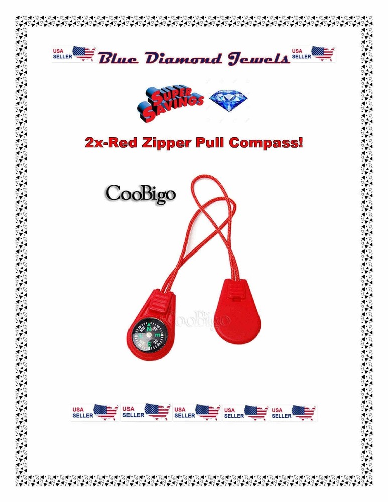 2pc Red Zipper Pull Mini Compass Backpack Bag Strap Camping Travel US SELLER!
